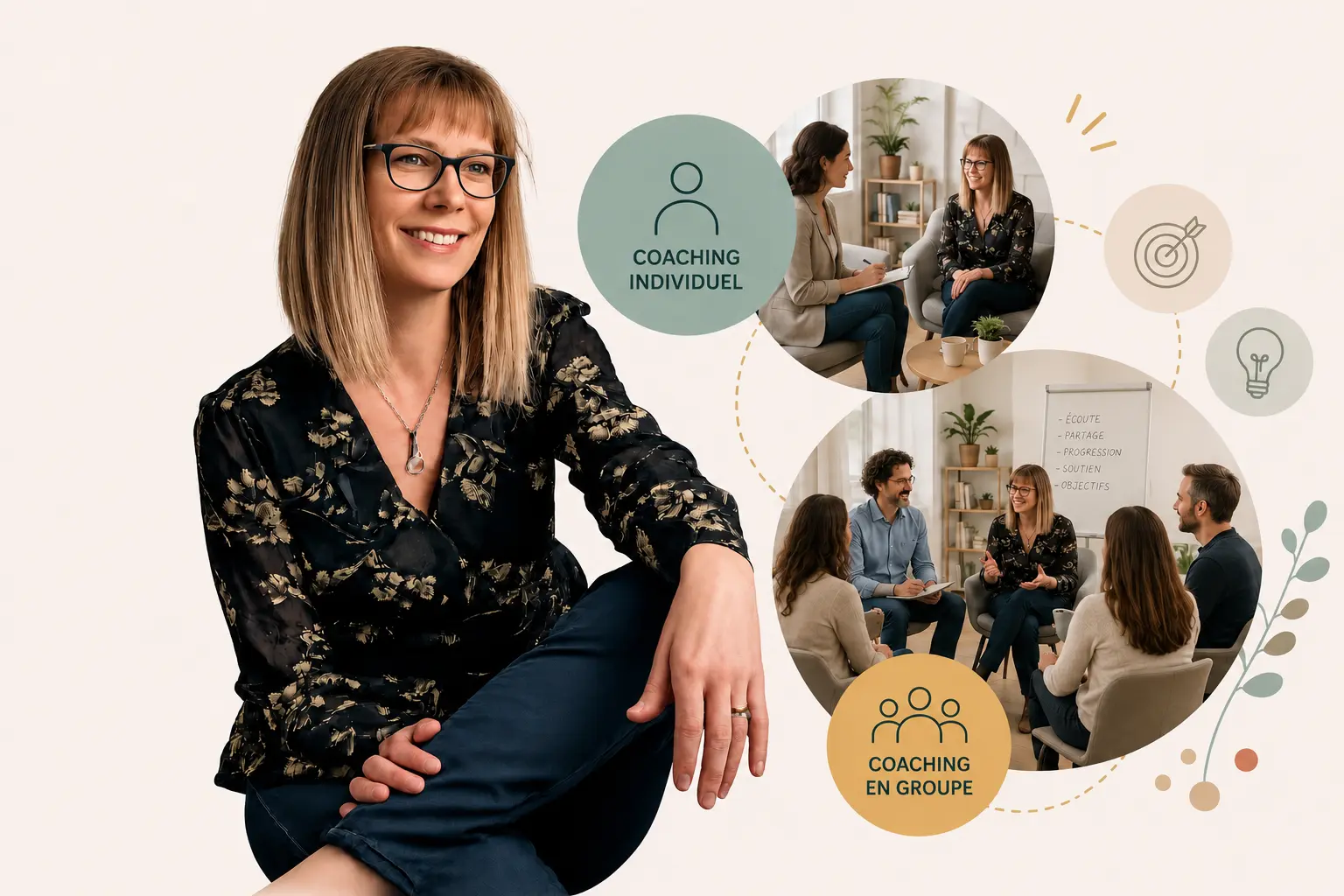 Karine, coach certifiée à Béziers, en séance de coaching avec bulles de dialogue