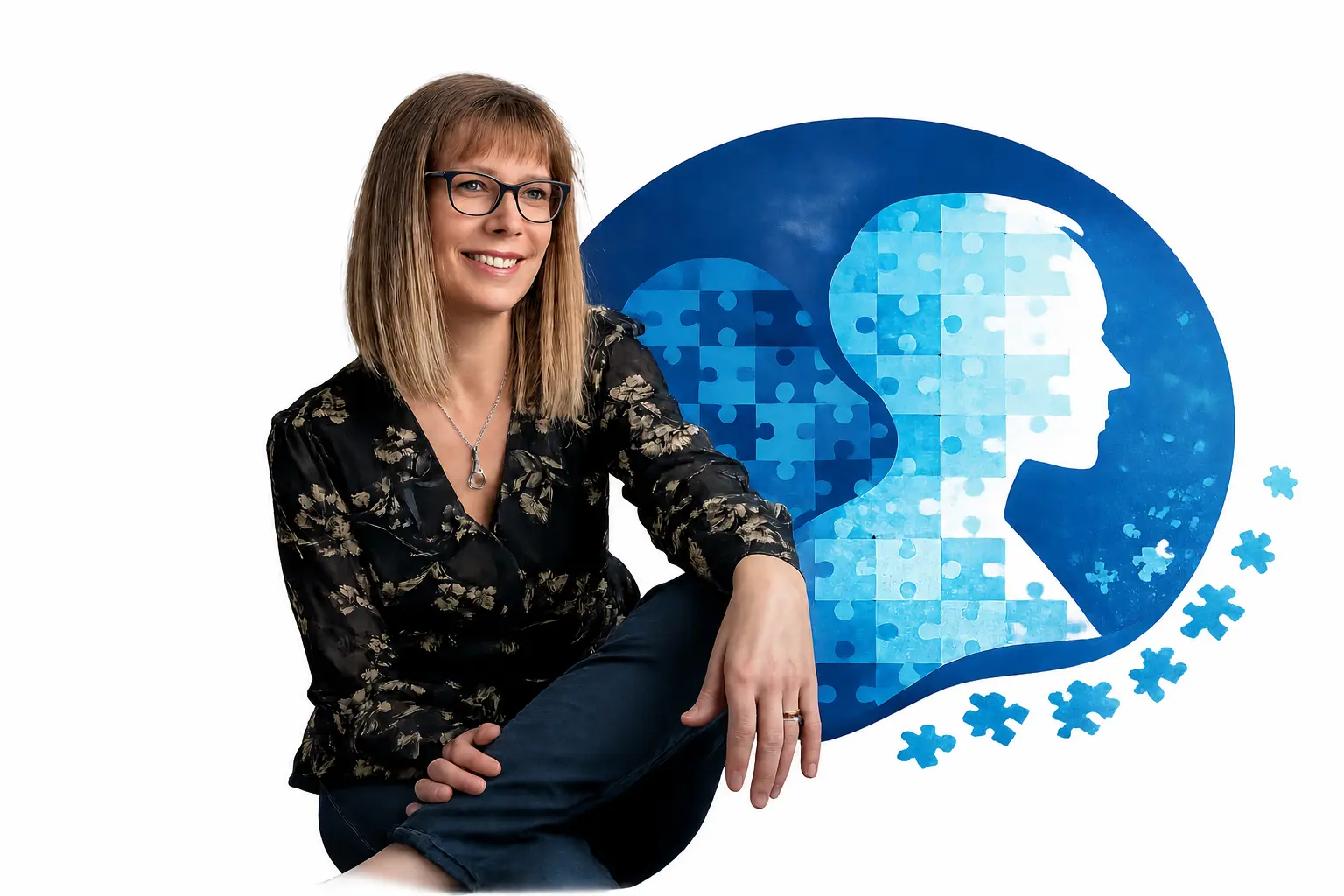 Karine, spécialiste en prévention santé mentale à Béziers, avec bulles illustrant ses formations